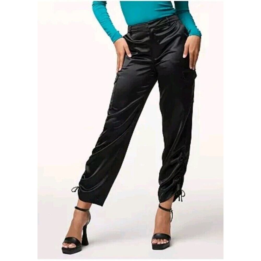 Intempo Womens Cargo Pants Black Satin Silk Ruched Leg Drawstring Size 16 7574